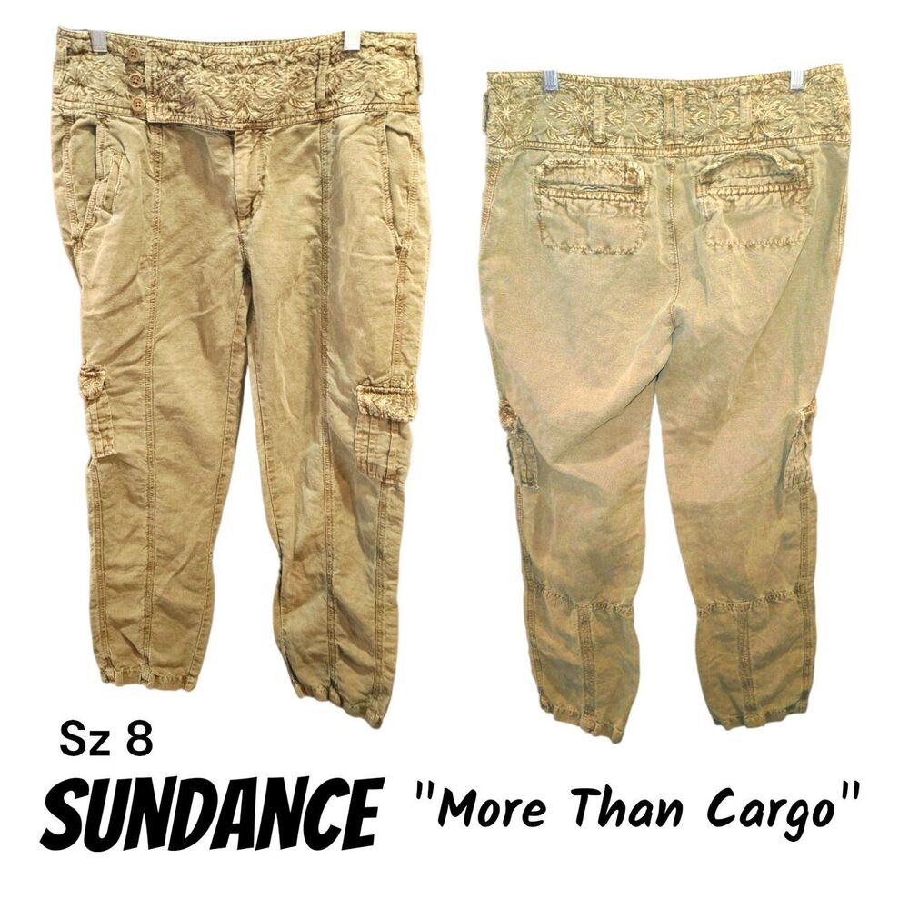 Sundance Sz 8 More Than Cargo Green Linen Cotton Embroidered Bohemian Crop Pants